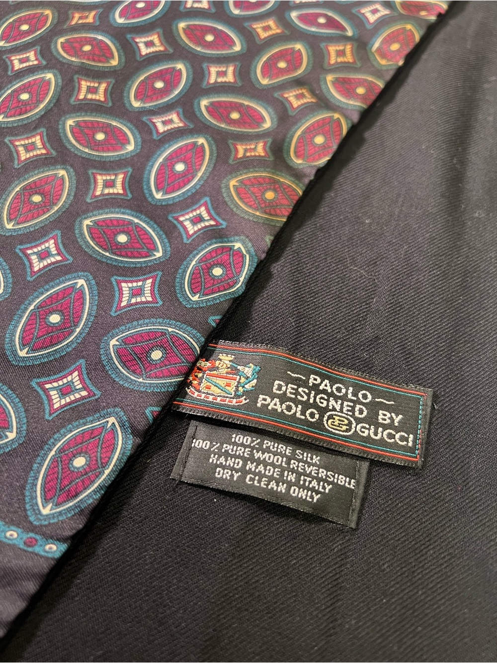 Gucci Men's Silk Scarf in Black & Purple w/Teal and Magenta Motif 54x11.5” Italy